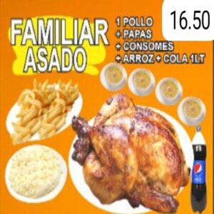 Familiar Asado: 1 Pollo + Papas + Consomes + Arroz + Cola 1LT