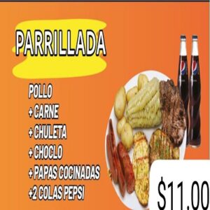 Parrillada: Pollo + Carne + Chuleta + choclo + Papas Cocinadas + 2 Pepsi
