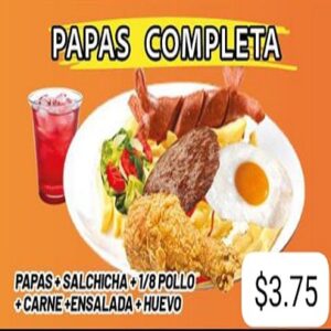 Papas + Salchichas + 1/8 Pollo + Carne + Ensalada + Huevo